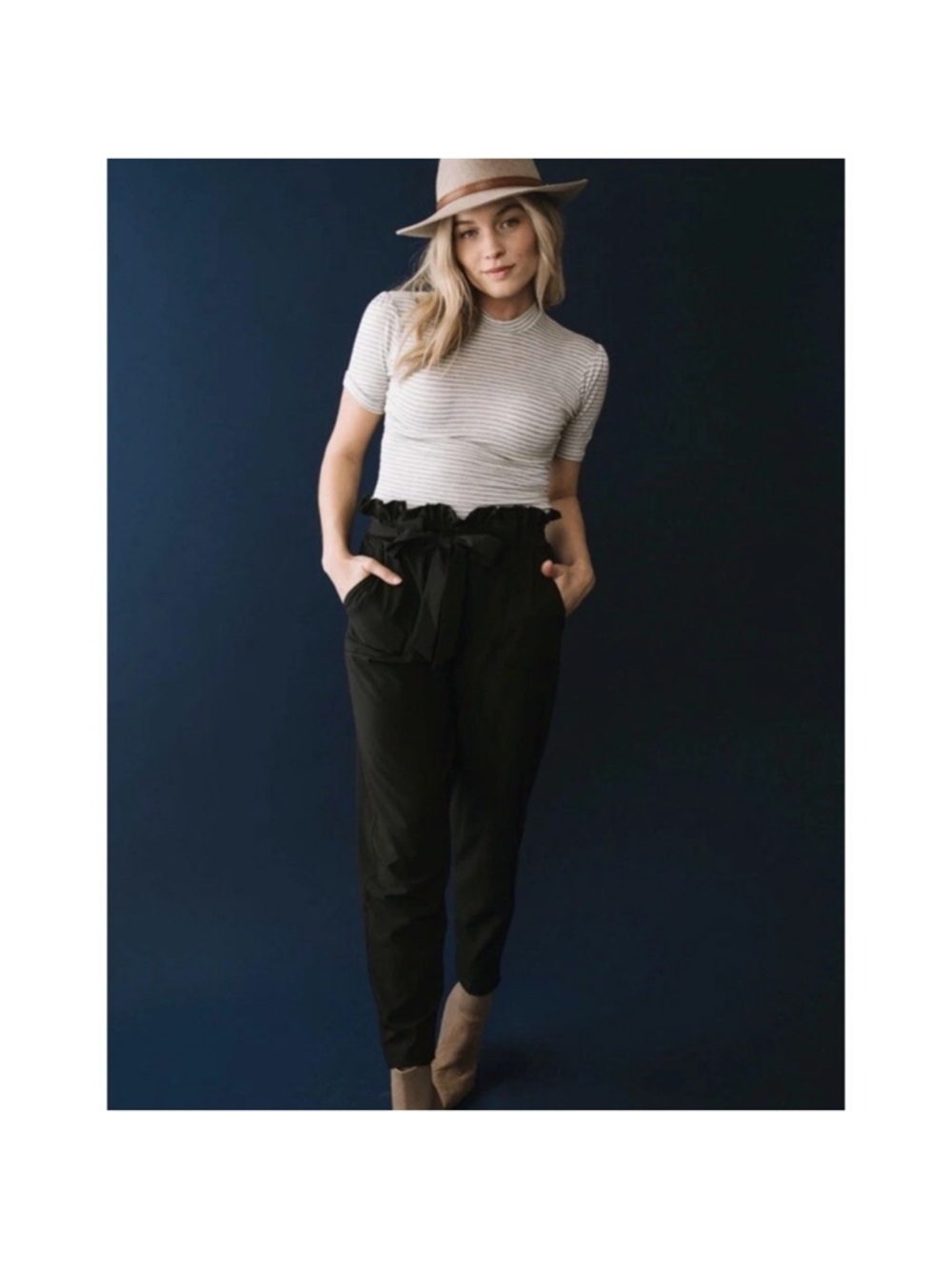 Albion Black Bow Belt Paperbag Cropped Travel Pants